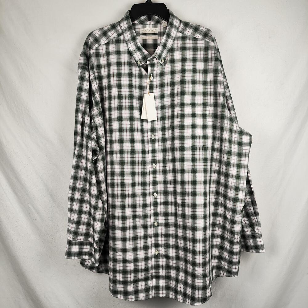 Gold Label Roundtree & Yorke Shirt Mens 3XB Green Plaid Non Iron Button Down